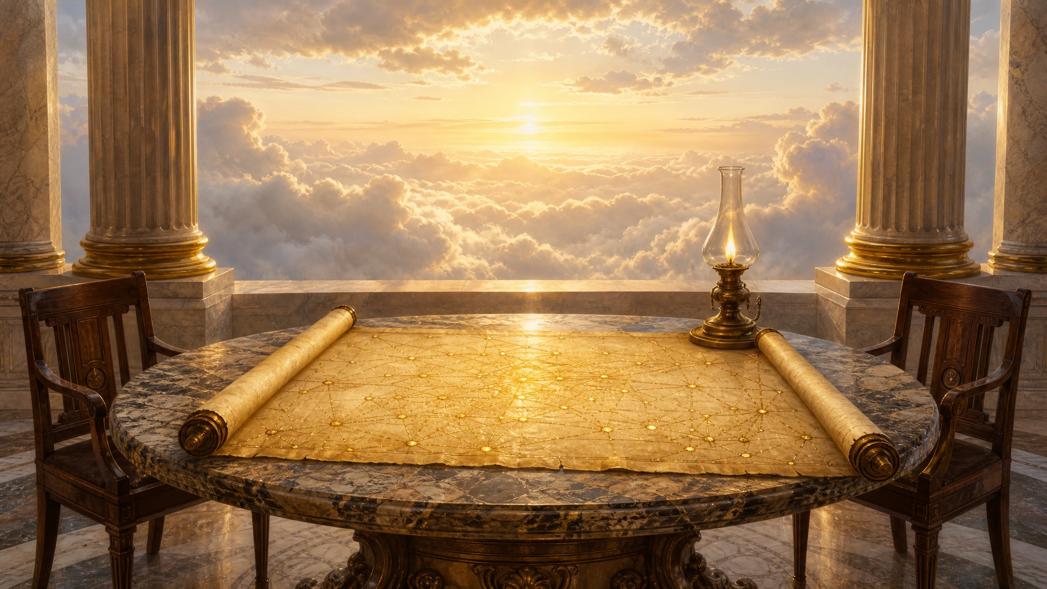 Two figures over a golden map on a marble table above the clouds
