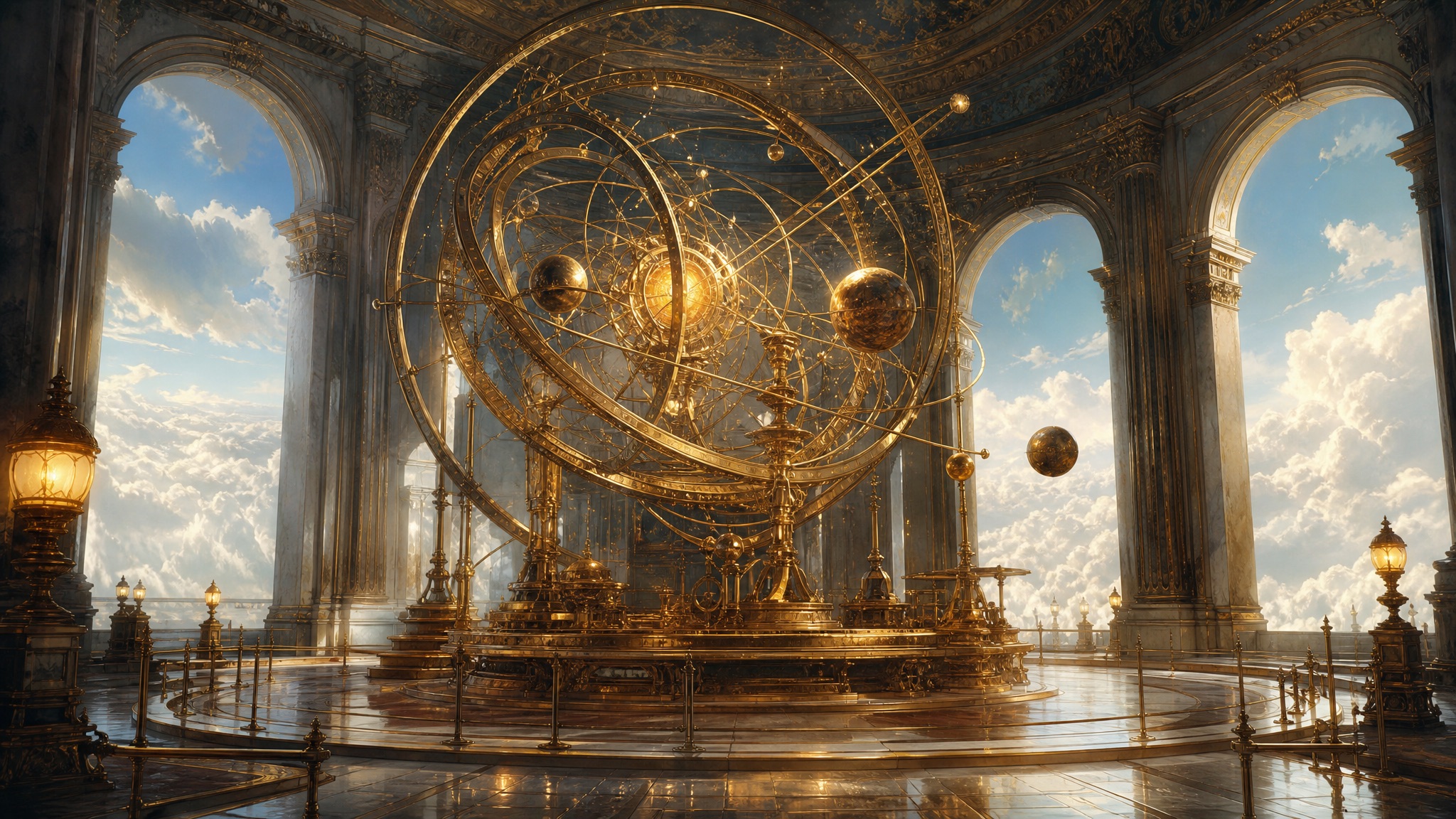 Golden automatons tending a great celestial machine in a marble hall