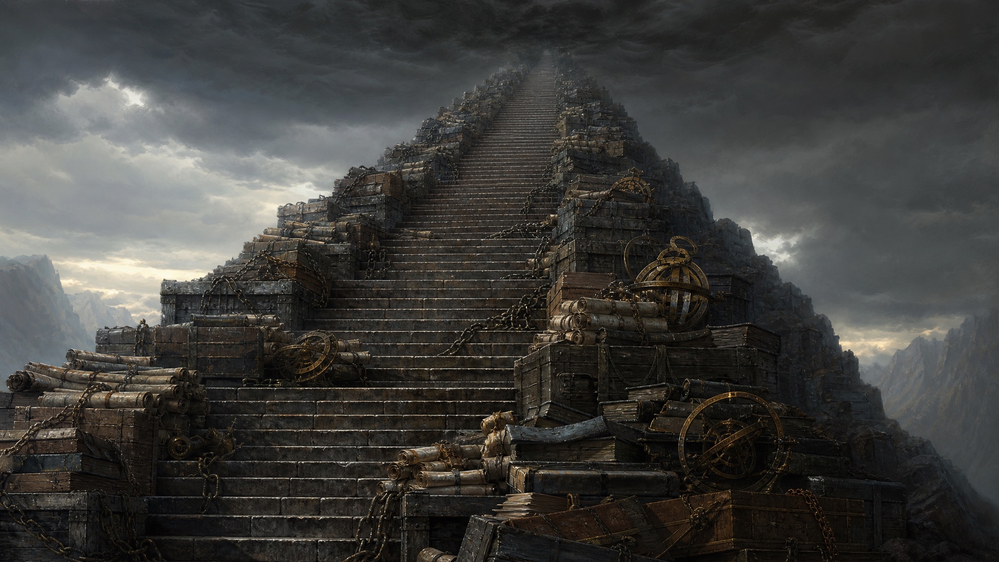 Robed figures carrying heavy loads up an endless staircase beneath storm clouds